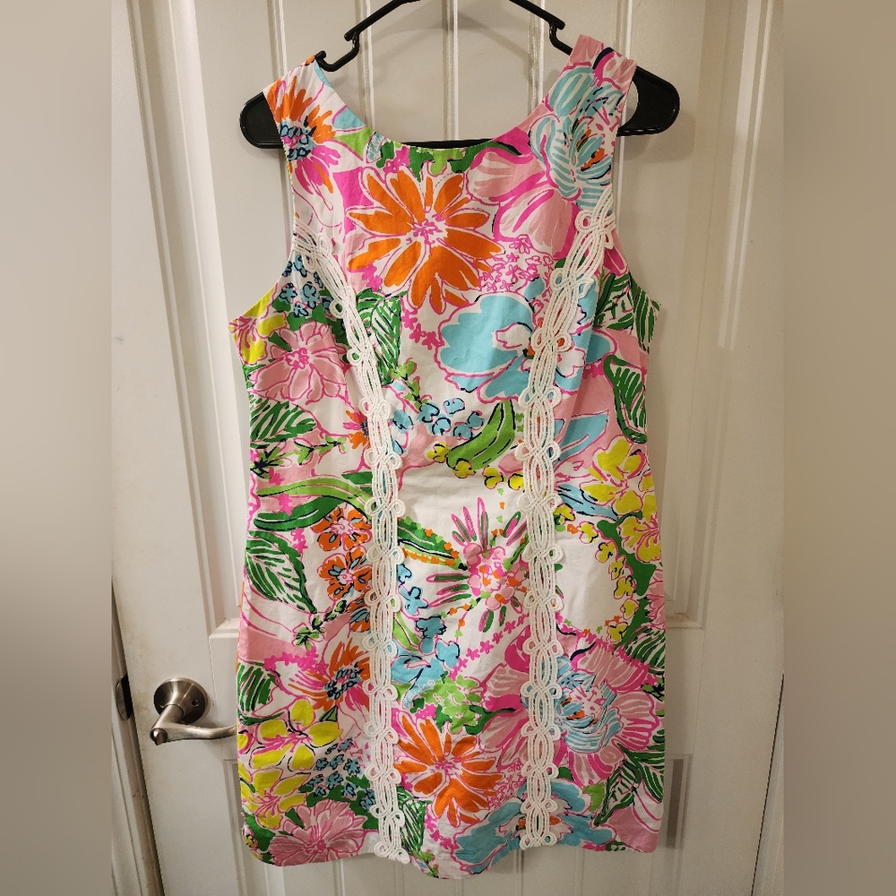 Lilly Pulitzer Pink Floral Shift Dress with Green, Blue and Orange Accents